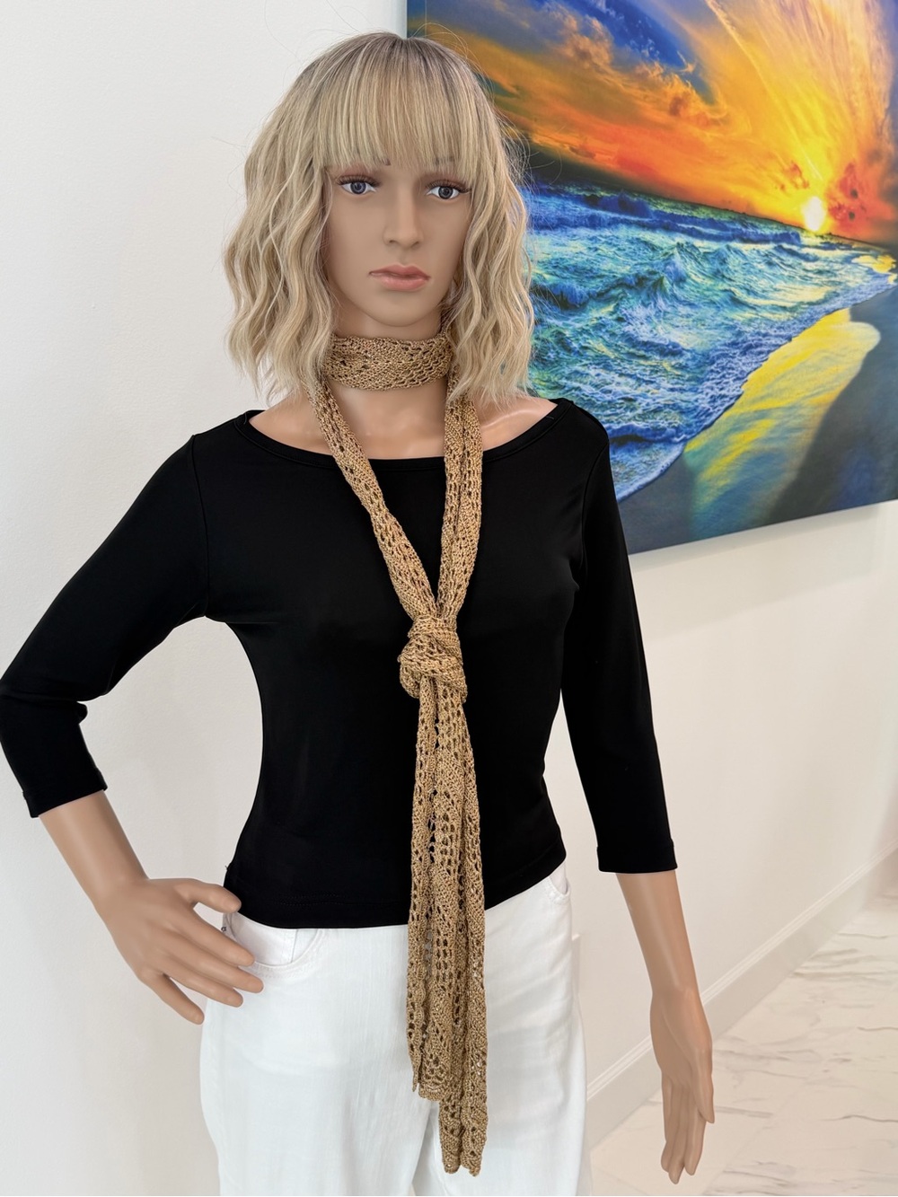 Vintage Goldtone Metallic Crochet Lace Open Knit Boho Skinny Scarf
